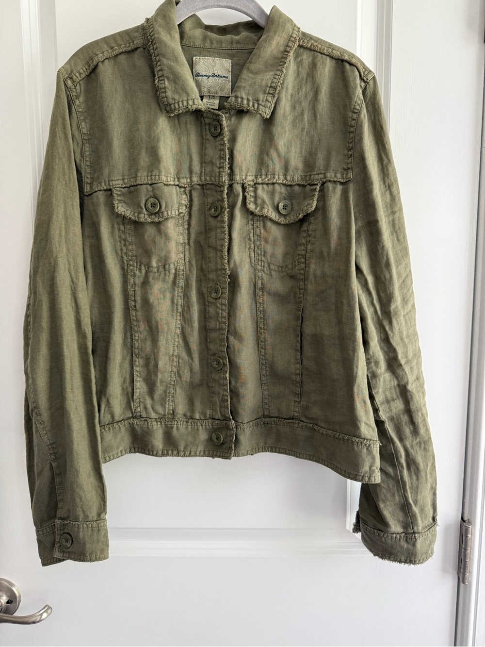 Tommy Bahama Two Palms Raw-Edge tea leaf (green)  Button-Front Jean Jacket. L